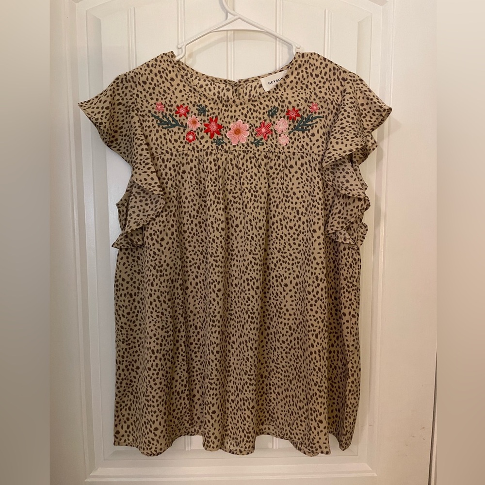 Heyson Cheetah Print with Floral Embroidered Neckline Top